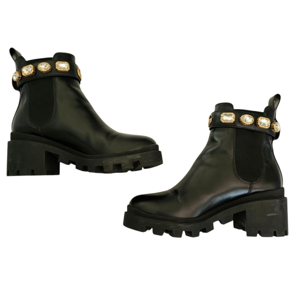Gucci GG Trip Jewel Chunky Heel Chelsea Boot Size 36.5 US 6.5 Black Leather Gold - Picture 6 of 10